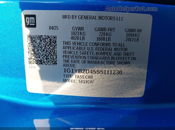 1G1YB2D45S5111230 2025 CHEVROLET CORVETTE Blue Vista del compartimento del motor