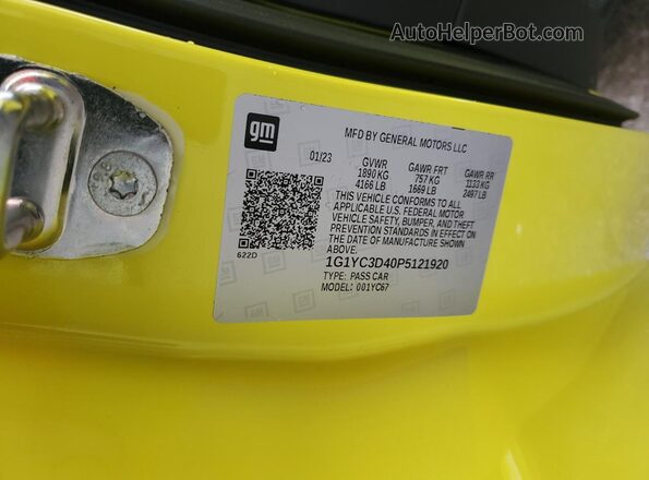 1G1YC3D40P5121920 2023 CHEVROLET CORVETTE Yellow VIN կոդի պիտակի տեսք