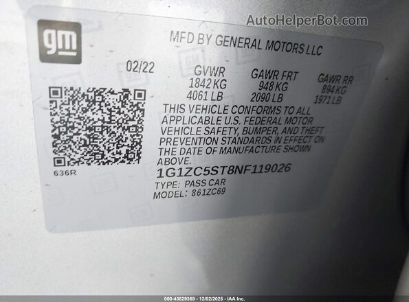 1G1ZC5ST8NF119026 2022 CHEVROLET MALIBU Silver Vista del compartimento del motor