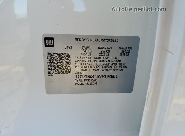 1G1ZD5ST5NF193601 2022 CHEVROLET MALIBU Белый Вид наклейки с VIN-кодом