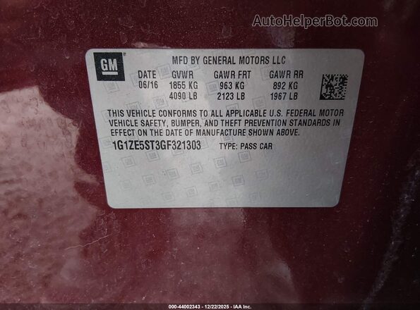 1G1ZE5ST3GF321303 2016 CHEVROLET MALIBU Red Շարժիչի բաժամունքի տեսք