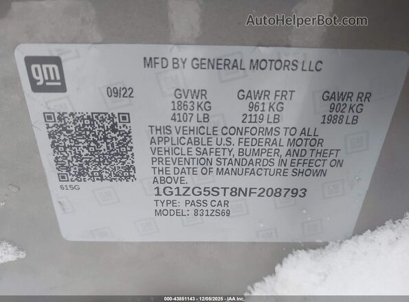 1G1ZG5ST8NF208793 2022 CHEVROLET MALIBU Beige Շարժիչի բաժամունքի տեսք