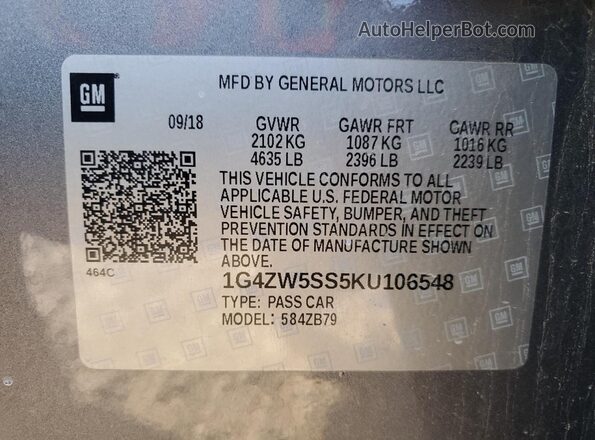 1G4ZW5SS5KU106548 2019 BUICK LACROSSE Gray Vista de la etiqueta del VIN