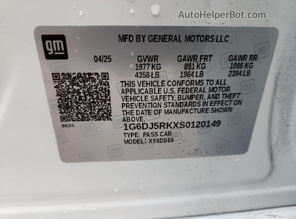 1G6DJ5RKXS0120149 2025 CADILLAC CT4 White VIN կոդի պիտակի տեսք