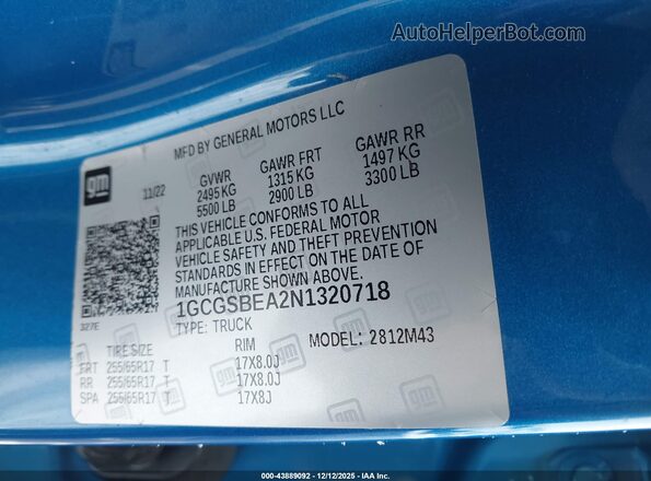 1GCGSBEA2N1320718 2022 CHEVROLET COLORADO Синий Вид подкапотного пространства