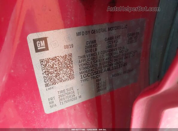 1GCGSBEA4L1113745 2020 CHEVROLET COLORADO Red Вид підкапотного простору