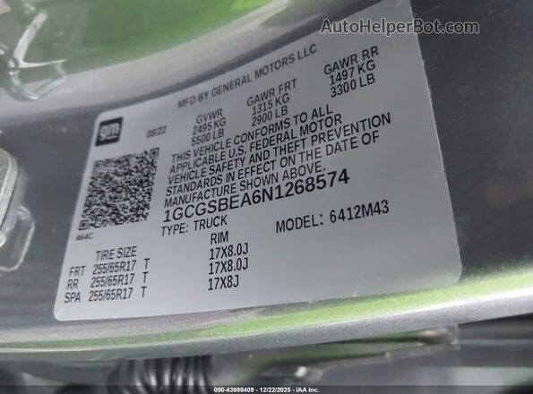 1GCGSBEA6N1268574 2022 CHEVROLET COLORADO Серый Вид подкапотного пространства