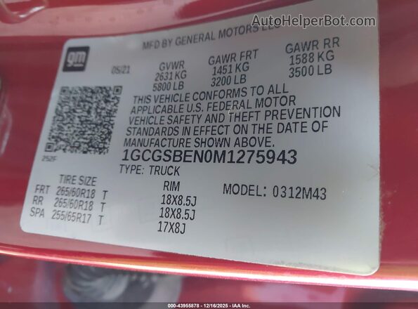 1GCGSBEN0M1275943 2021 CHEVROLET COLORADO Burgundy 