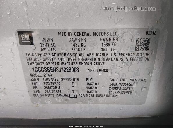 1GCGSBEN8J1228008 2018 CHEVROLET COLORADO Silver 