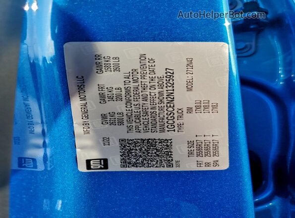 1GCGSCEN2N1325927 2022 CHEVROLET COLORADO Blue VIN կոդի պիտակի տեսք