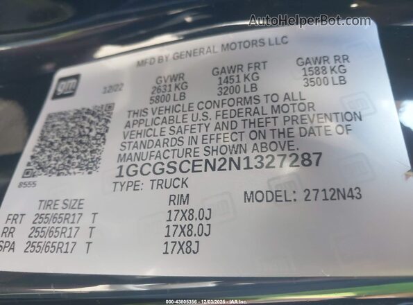 1GCGSCEN2N1327287 2022 CHEVROLET COLORADO Black Вид підкапотного простору