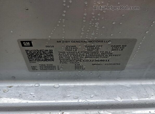 1GCRCPEC0JZ354611 2018 CHEVROLET 1500 Серебряный Вид наклейки с VIN-кодом