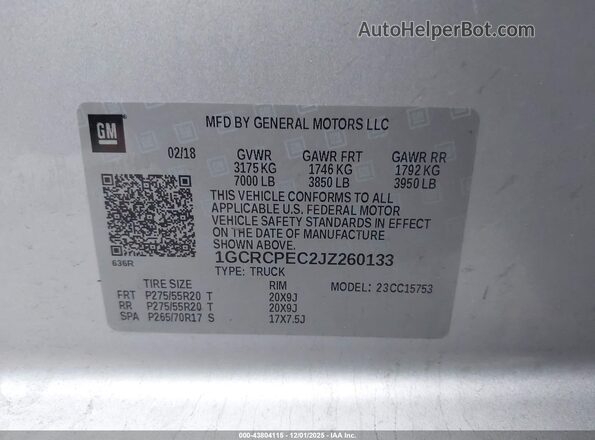 1GCRCPEC2JZ260133 2018 CHEVROLET SILVERADO Silver 