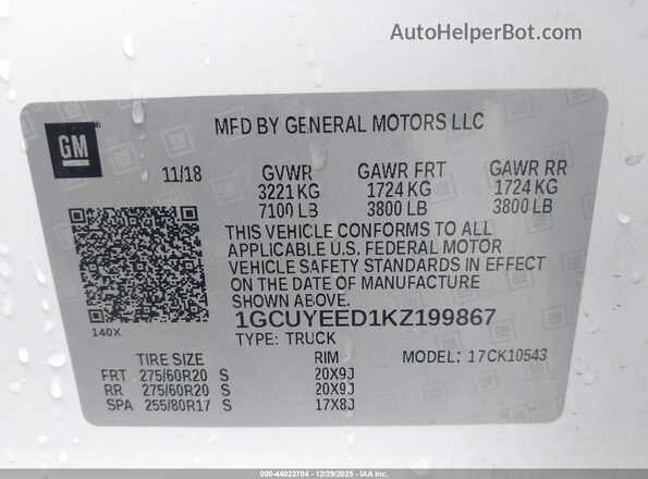 1GCUYEED1KZ199867 2019 CHEVROLET SILVERADO White 