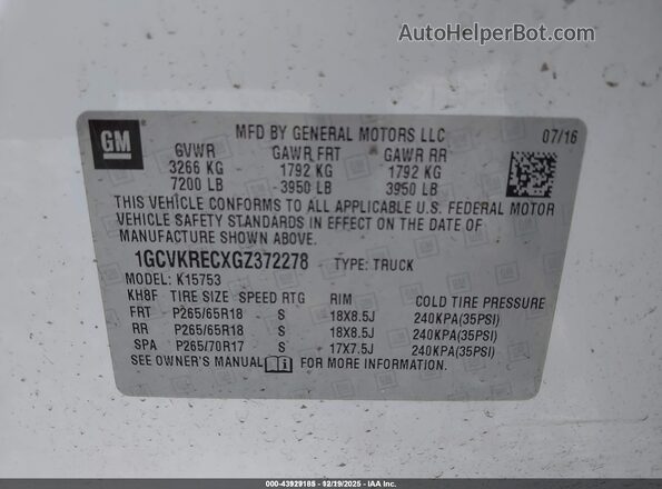 1GCVKRECXGZ372278 2016 CHEVROLET SILVERADO White Вид підкапотного простору