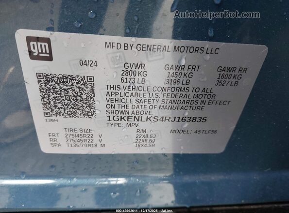 1GKENLKS4RJ163835 2024 GMC ACADIA Blue 