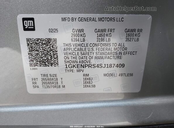 1GKENPRS4SJ187409 2025 GMC ACADIA Gray Widok komory silnika