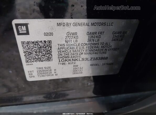 1GKKNKLS3LZ183868 2020 GMC ACADIA Black ძრავის განყოფილების ხედი