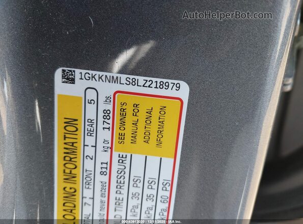 1GKKNMLS8LZ218979 2020 GMC ACADIA Silver Widok komory silnika