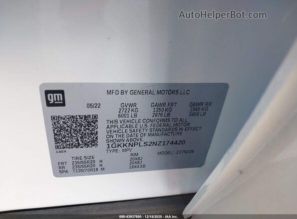 1GKKNPLS2NZ174420 2022 GMC ACADIA White 