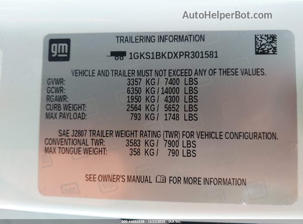 1GKS1BKDXPR301581 2023 GMC YUKON White 