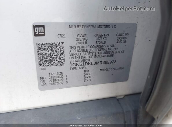 1GKS1DKL3MR408972 2021 GMC YUKON White 