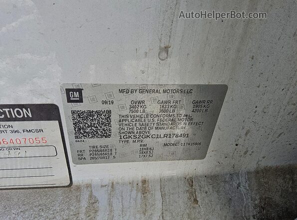 1GKS2GKC1LR178491 2020 GMC YUKON White Вид наклейки з VIN-кодом