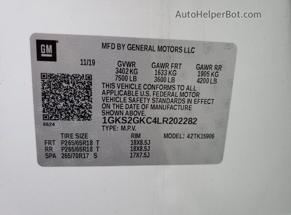 1GKS2GKC4LR202282 2020 GMC YUKON White VIN sticker view