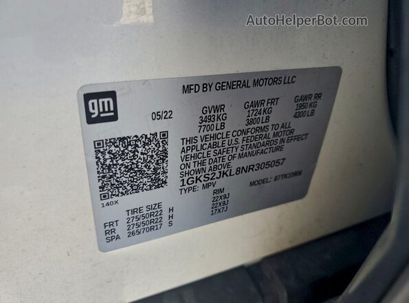 1GKS2JKL8NR305057 2022 GMC YUKON White Widok naklejki z numerem VIN