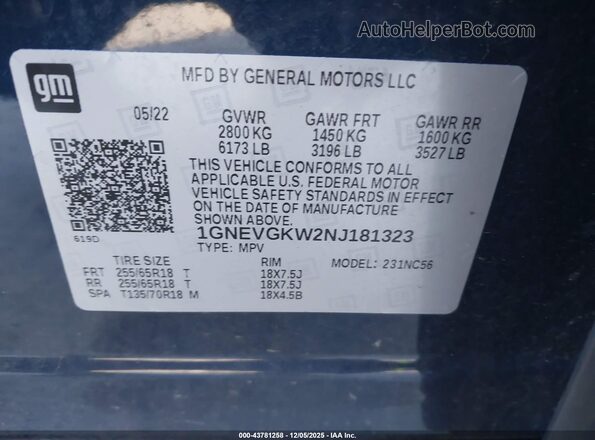 1GNEVGKW2NJ181323 2022 CHEVROLET TRAVERSE Dark Blue ძრავის განყოფილების ხედი
