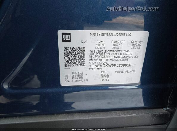 1GNEVGKW9PJ209928 2023 CHEVROLET TRAVERSE Blue 