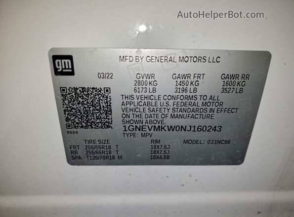 1GNEVMKW0NJ160243 2022 CHEVROLET TRAVERSE White Widok wnętrza 360 stopni