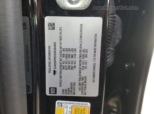 1GNS6PRD3SR384481 2025 CHEVROLET TAHOE Черный Вид наклейки с VIN-кодом