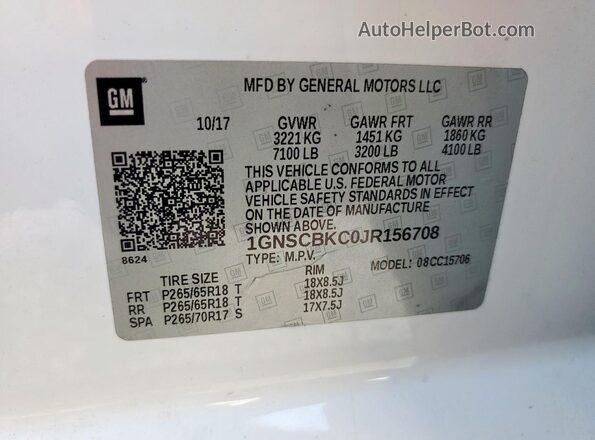 1GNSCBKC0JR156708 2018 CHEVROLET TAHOE Белый 