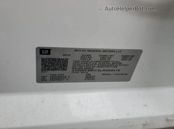 1GNSCBKC1LR153173 2020 CHEVROLET TAHOE White Vista interior de 360 grados