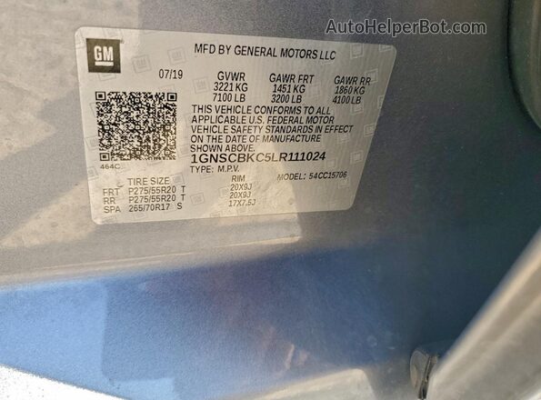 1GNSCBKC5LR111024 2020 CHEVROLET TAHOE Gray VIN կոդի պիտակի տեսք