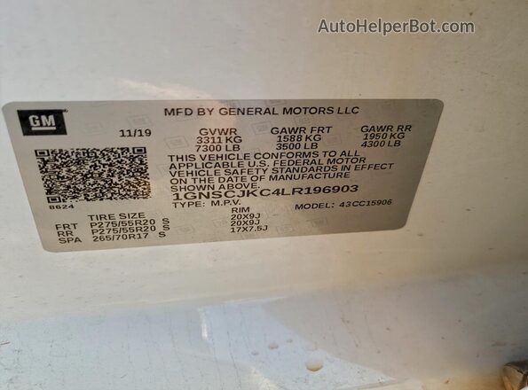 1GNSCJKC4LR196903 2020 CHEVROLET SUBURBAN White VIN կոդի պիտակի տեսք