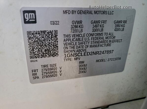 1GNSCLED2NR247897 2022 CHEVROLET TAHOE White Vista de la etiqueta del VIN