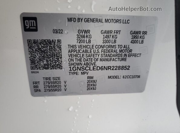 1GNSCLED6NR228852 2022 CHEVROLET TAHOE Белый Вид подкапотного пространства