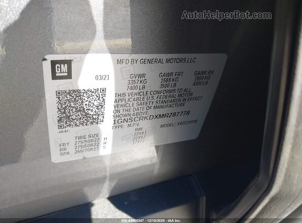 1GNSCRKDXMR287778 2021 CHEVROLET TAHOE Gray 