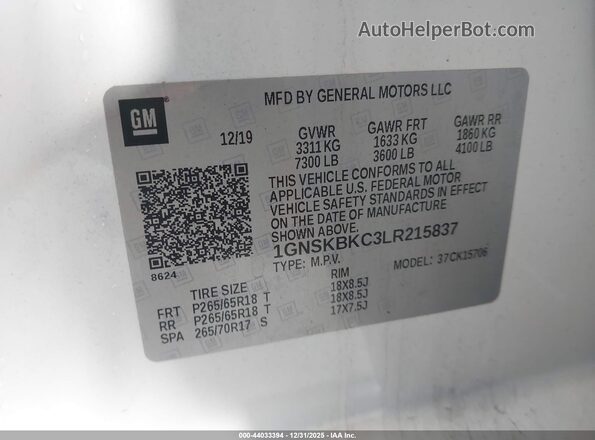 1GNSKBKC3LR215837 2020 CHEVROLET TAHOE White Engine compartment view