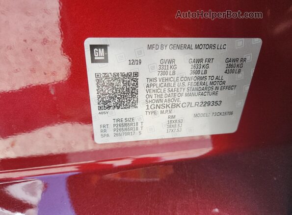1GNSKBKC7LR229353 2020 CHEVROLET TAHOE Red Widok naklejki z numerem VIN