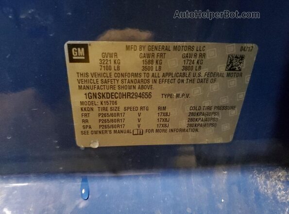 1GNSKDEC0HR294656 2017 CHEVROLET TAHOE Blue Панорамний вид салону 360°