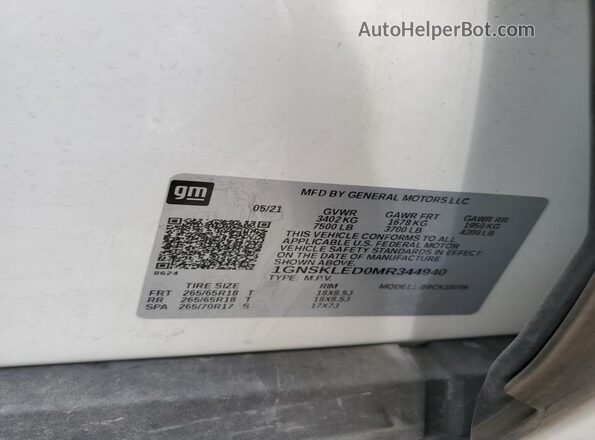 1GNSKLED0MR344940 2021 CHEVROLET TAHOE White VIN կոդի պիտակի տեսք