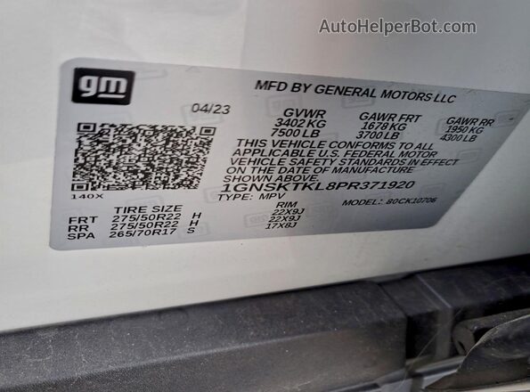1GNSKTKL8PR371920 2023 CHEVROLET TAHOE White 