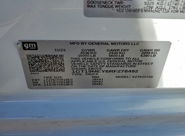 1GT19MEY6RF278492 2024 GMC SIERRA Белый Вид наклейки с VIN-кодом