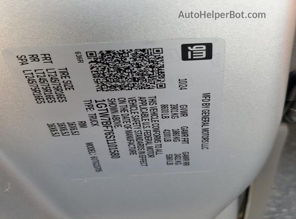 1GTW7BF76S1101580 2025 GMC SAVANA Silver Вид наклейки з VIN-кодом