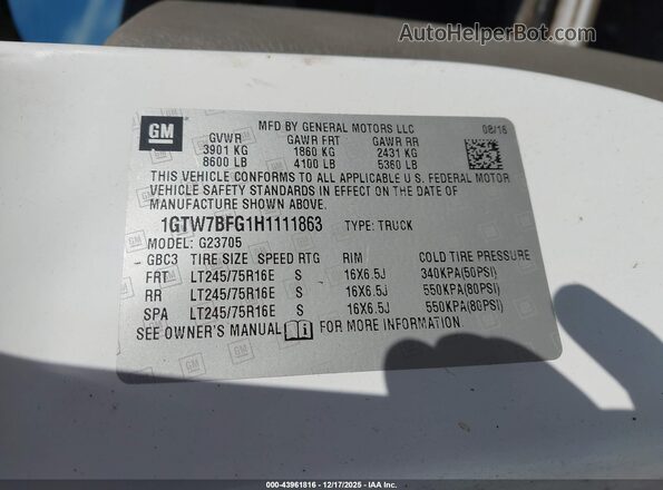 1GTW7BFG1H1111863 2017 GMC SAVANA 2500 White Engine compartment view