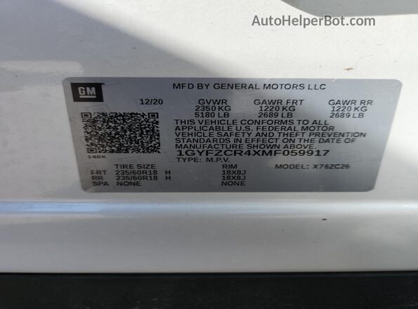 1GYFZCR4XMF059917 2021 CADILLAC XT4 Белый Вид наклейки с VIN-кодом