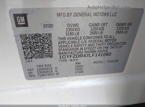 1GYFZDR47LF141060 2020 CADILLAC XT4 White Engine compartment view